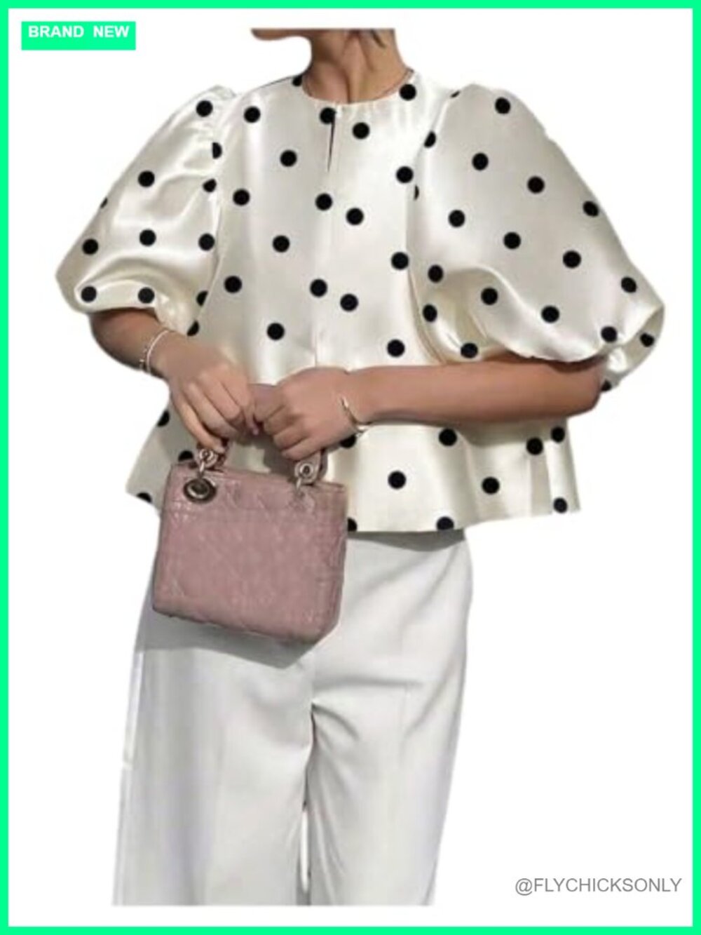 Floerns Women's Polka Dots Satin Blouse Puff Sleeve Business Casual Work Top